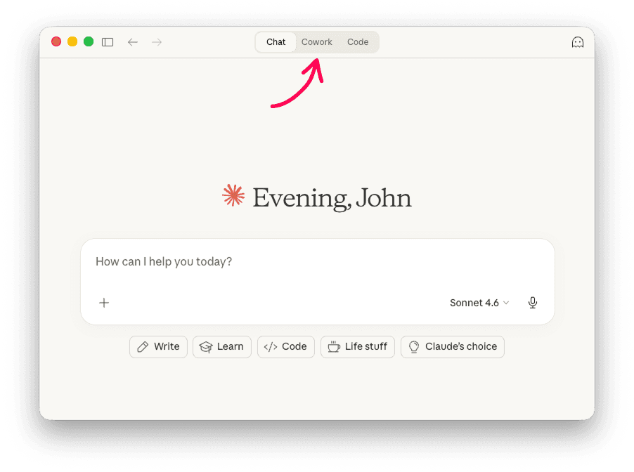 Claude Desktop chat window with an arrow pointing to the Cowork tab