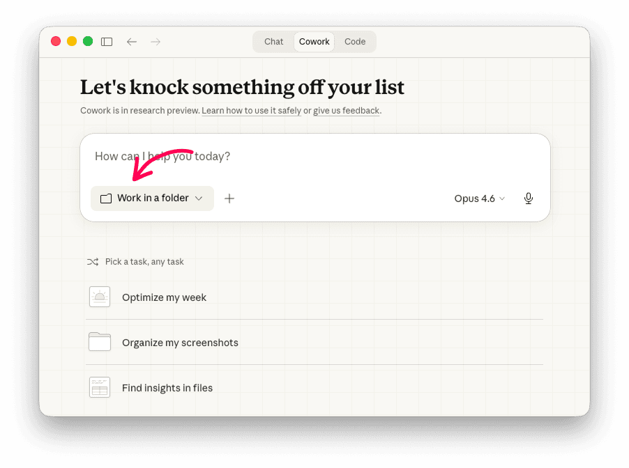 Claude Desktop Cowork panel with an arrow pointing to Work in a folder