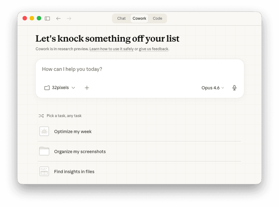 Claude Desktop Cowork panel with the 32pixels folder connected