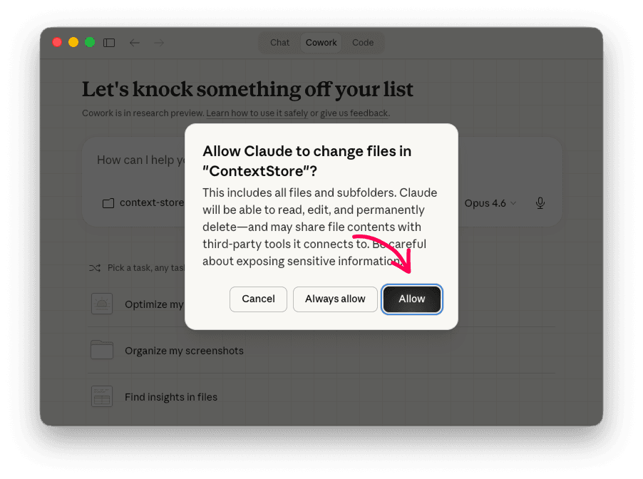 Claude Desktop permission dialog asking to allow access to ContextStore folder