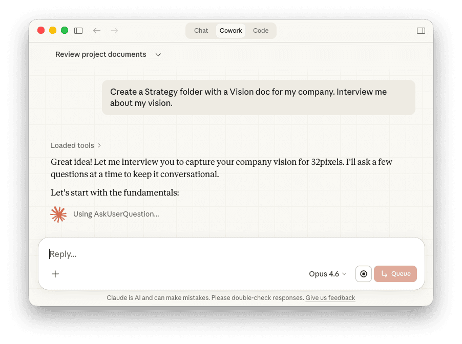 Claude Desktop interviewing the user to create a vision document