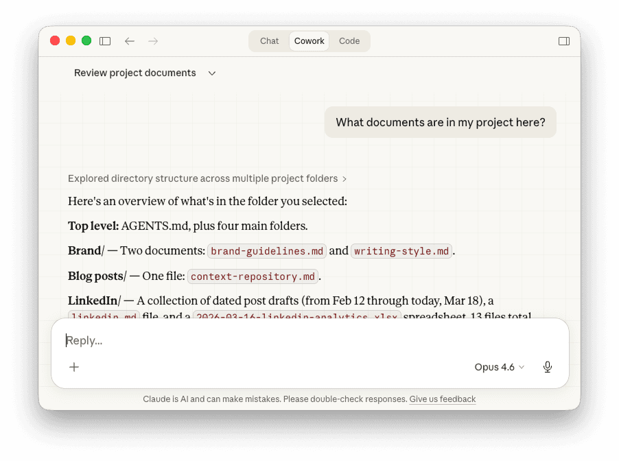 Claude Desktop listing the documents in the ContextStore space