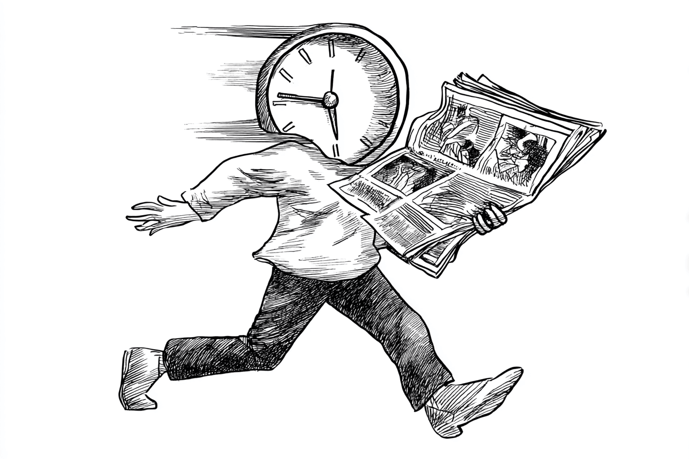 Ink illustration of a person with a clock for a head running while carrying a newspaper