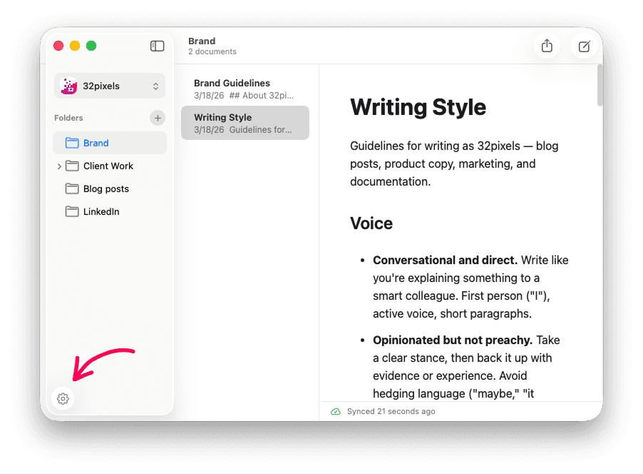 ContextStore main window with a space selected and the gear icon in the bottom-left corner
