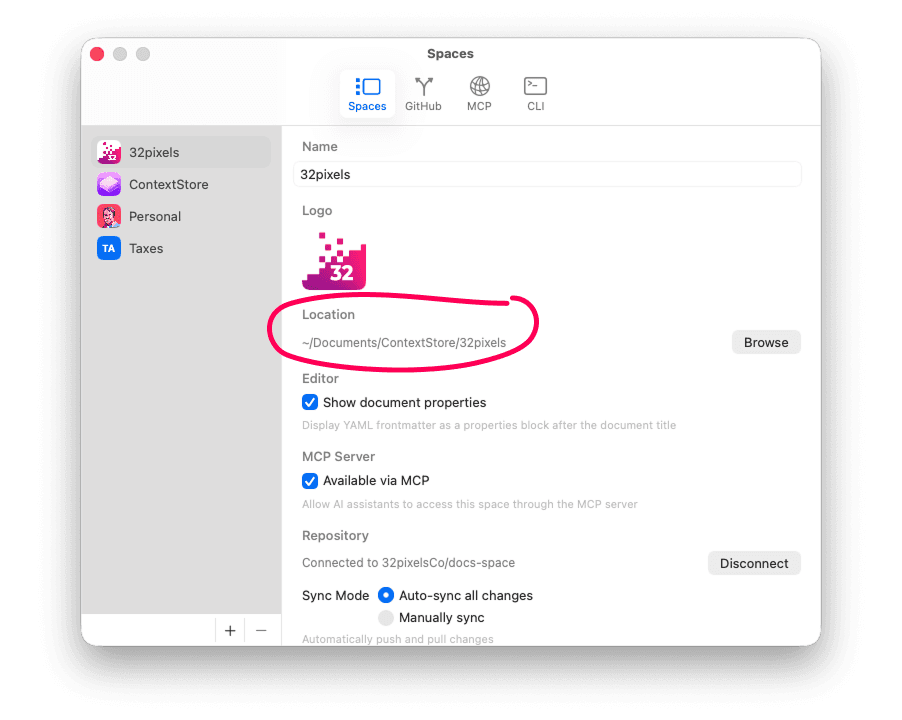 ContextStore space settings with the Location path circled