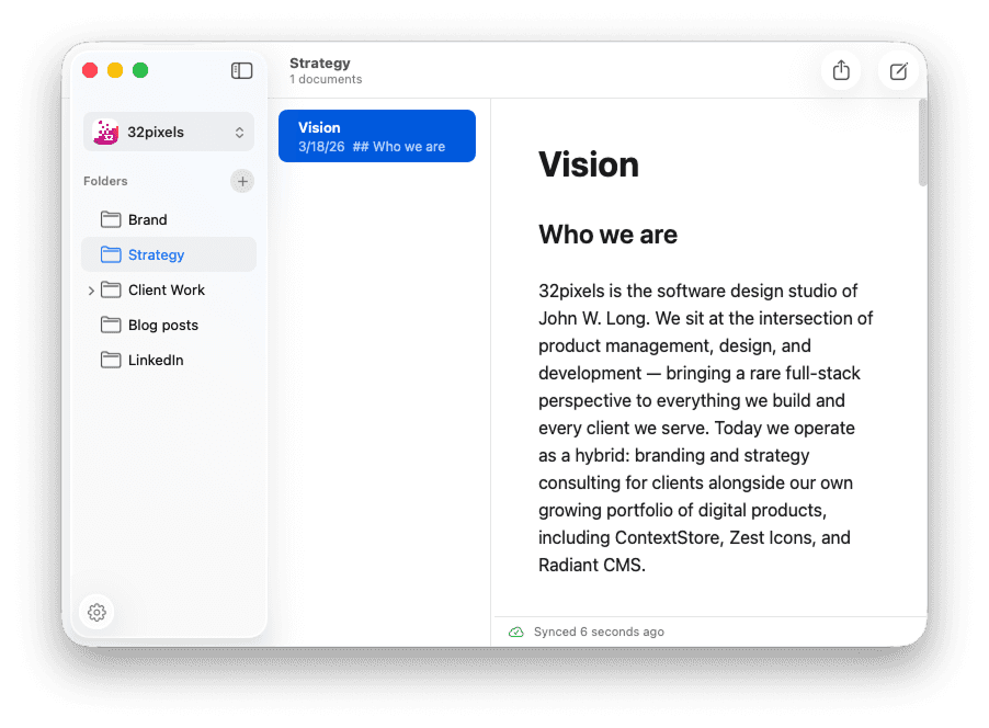 ContextStore showing the newly created Vision document in the Strategy folder