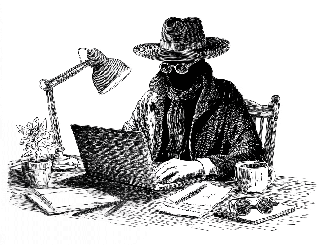 Ink illustration of an invisible man at a desk working on a laptop