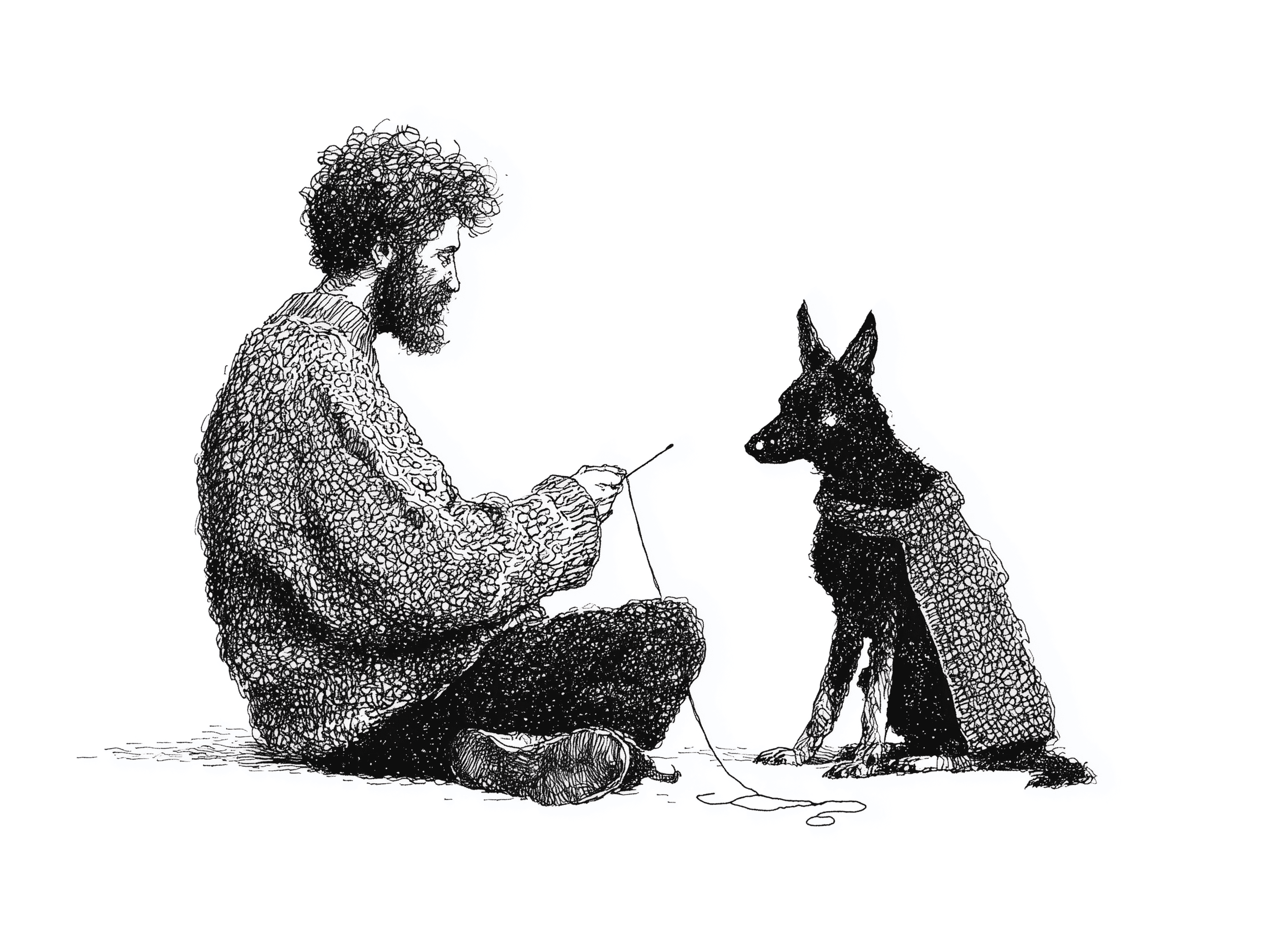 Illustration of a man knitting a sweater for his dog