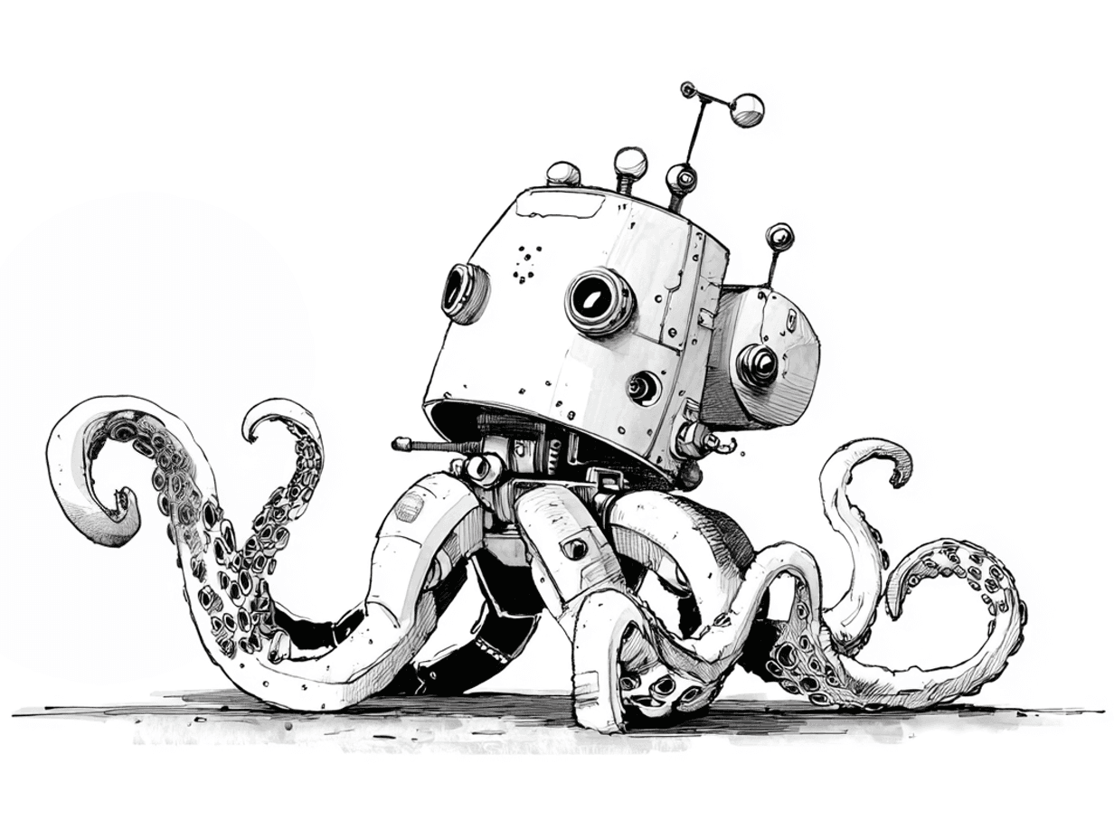 Hand-drawn robot octopus holding various tools