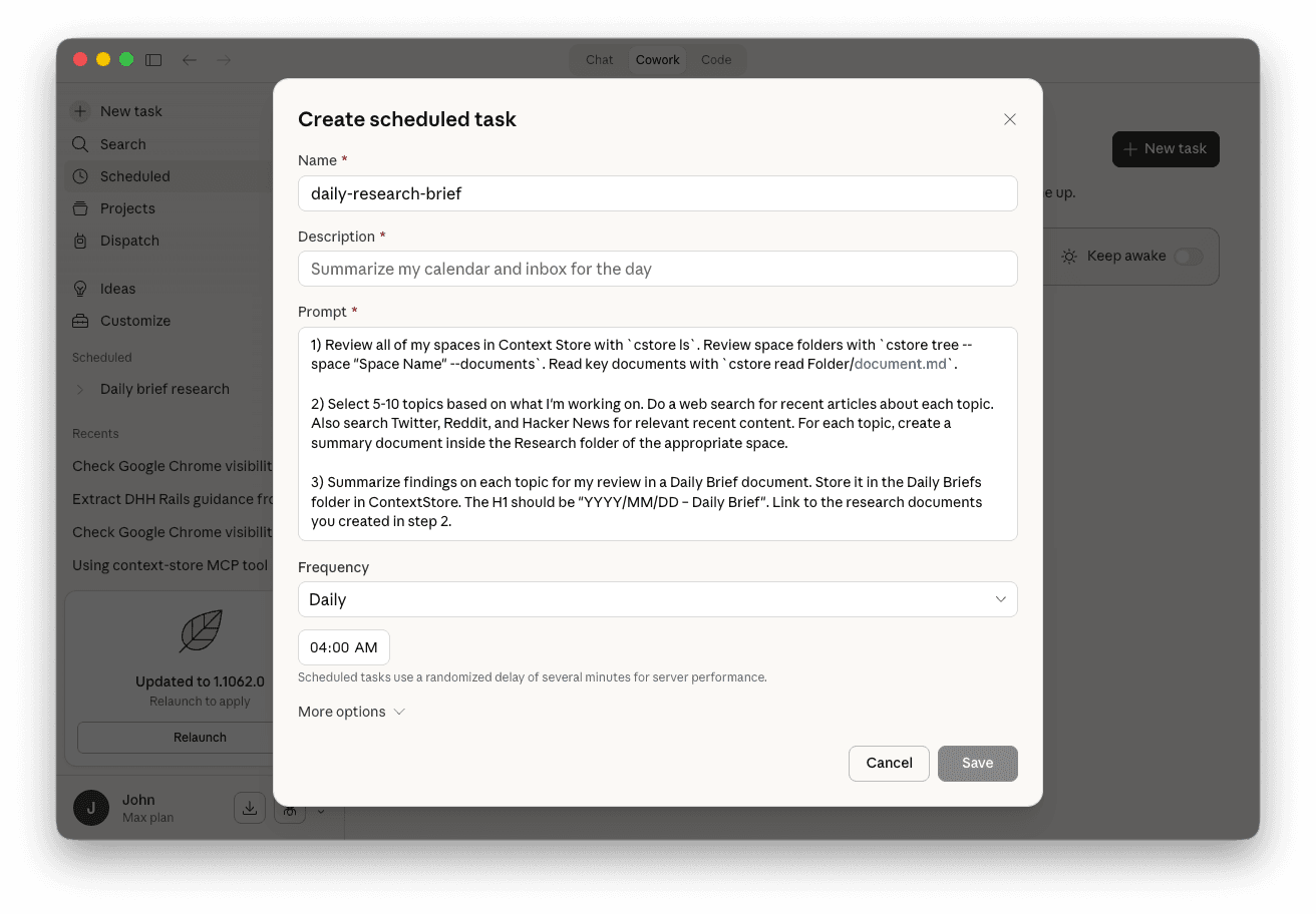 Claude Cowork's Create scheduled task dialog showing the daily-research-brief task with prompt and Daily frequency at 4:00 AM