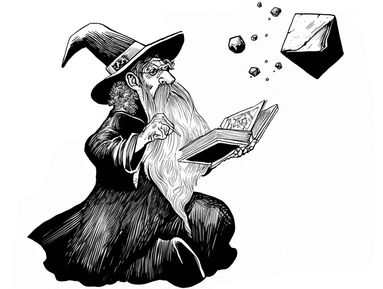 Ink illustration of a wizard reading a book of spells