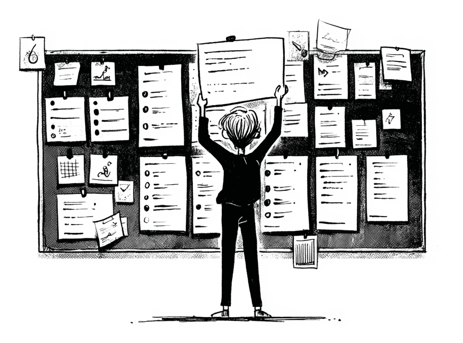 Illustration of a person pinning documents to a working board