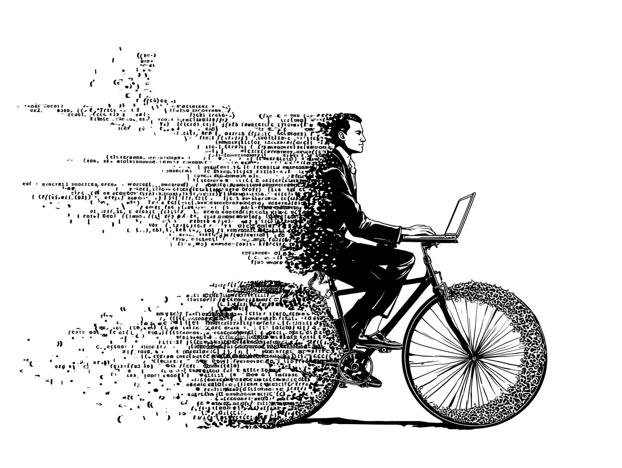 Illustration of a man on a bicycle made of code