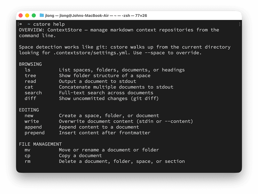 Terminal showing cstore help output with browsing, editing, and file management commands
