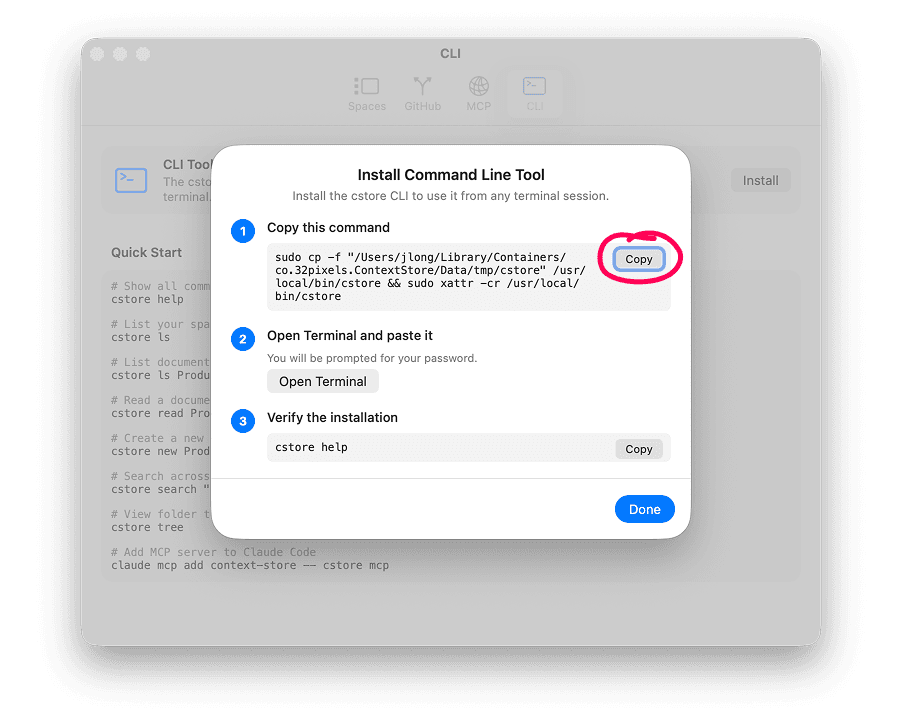 ContextStore CLI install dialog with copy, paste, and verify steps