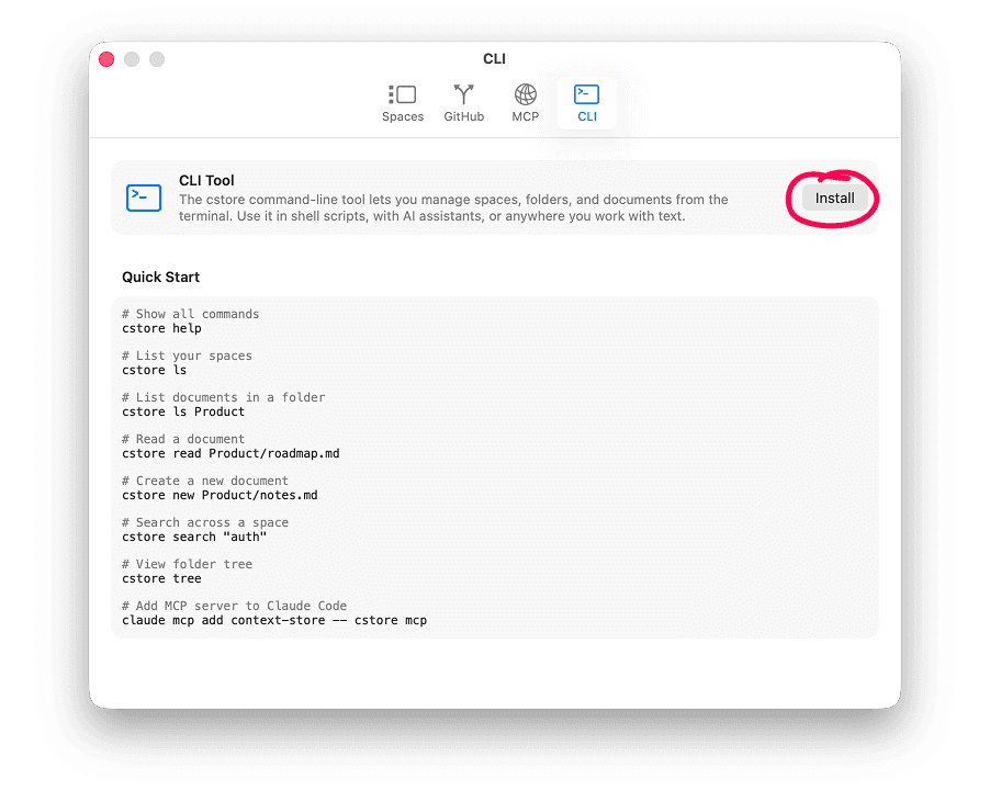 ContextStore settings panel showing the CLI tab with the Install button