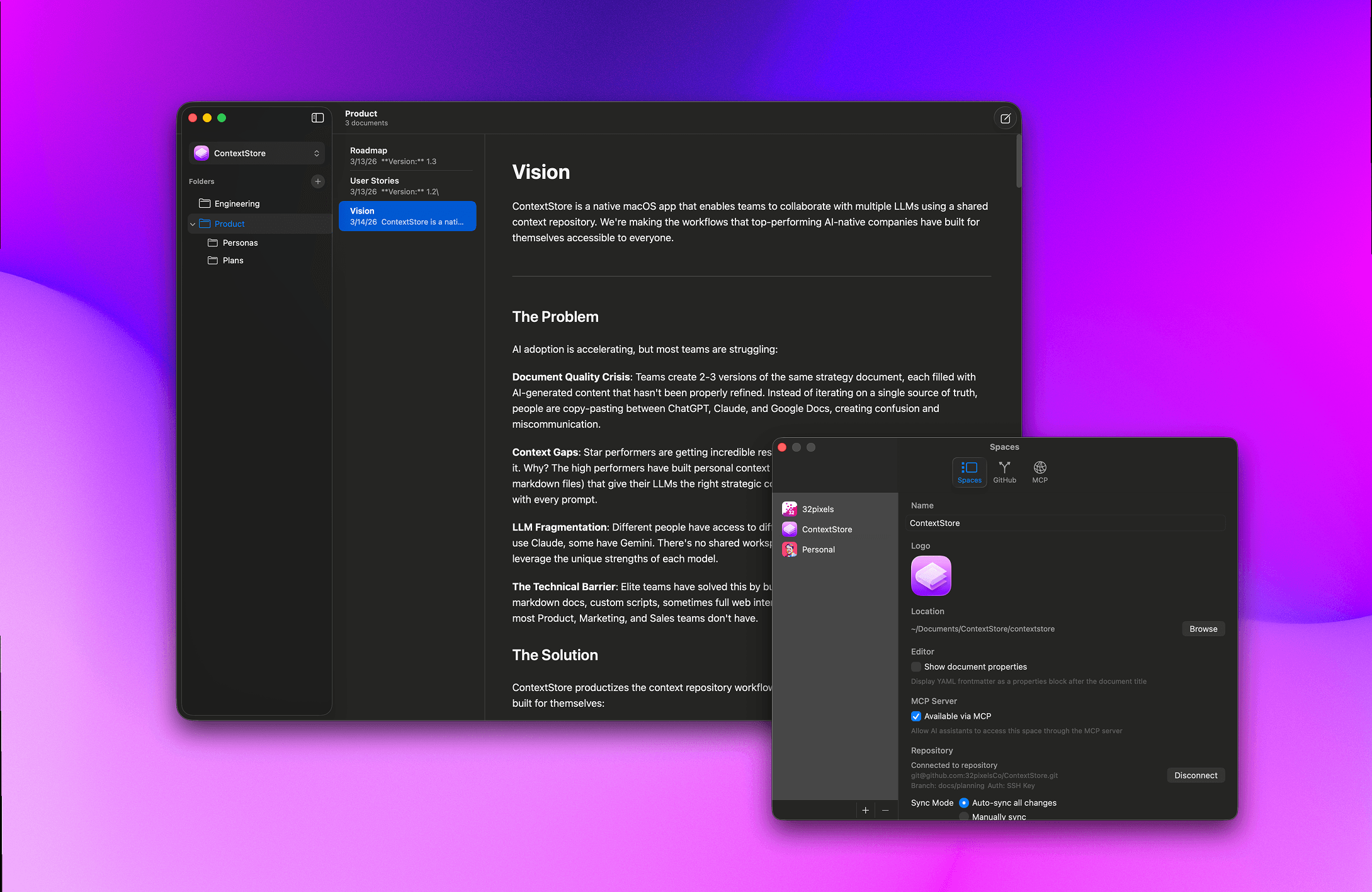 ContextStore app showing a Vision document with sidebar navigation and settings panel
