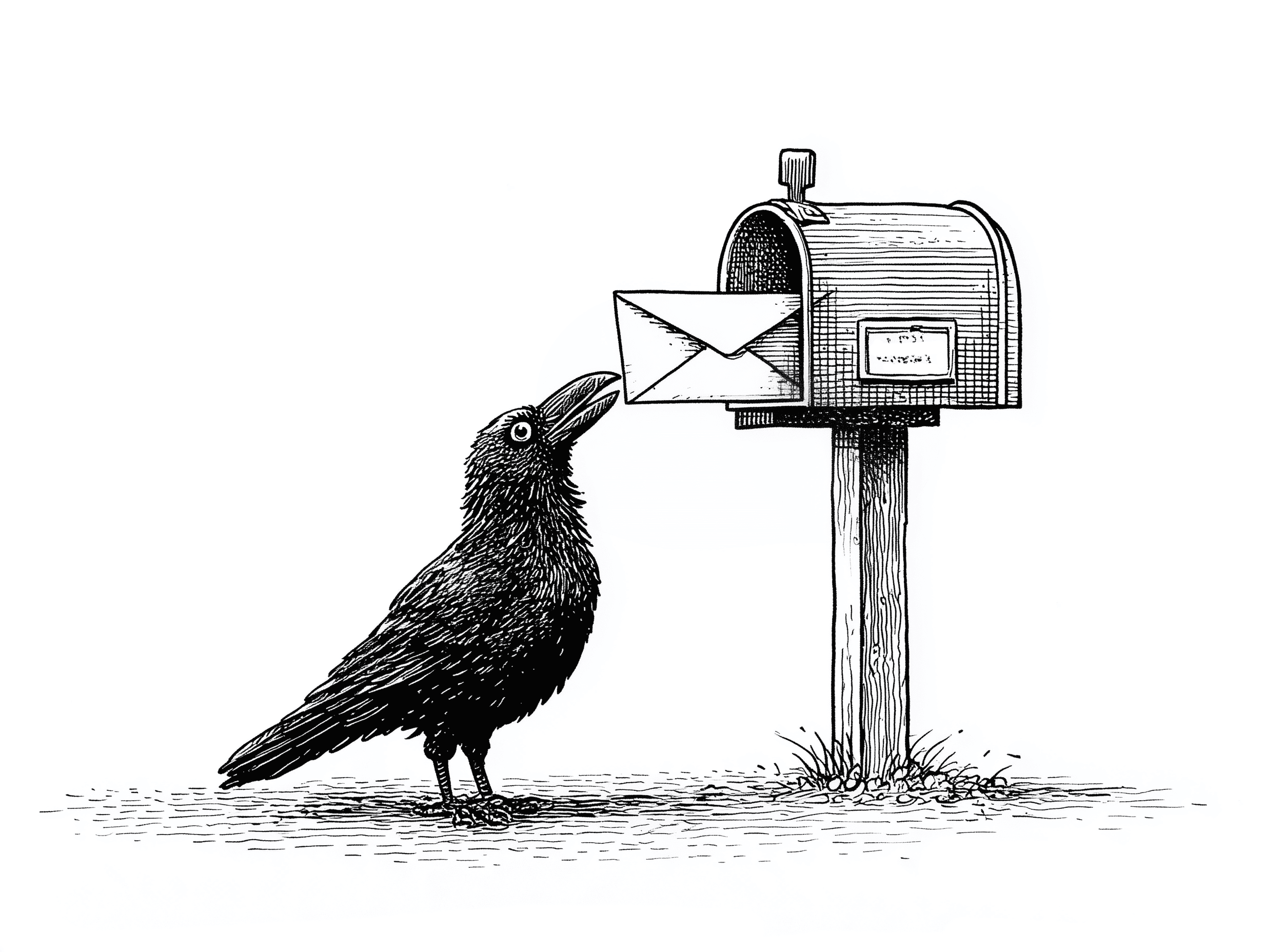 Illustration of a crow delivering a letter to a mailbox